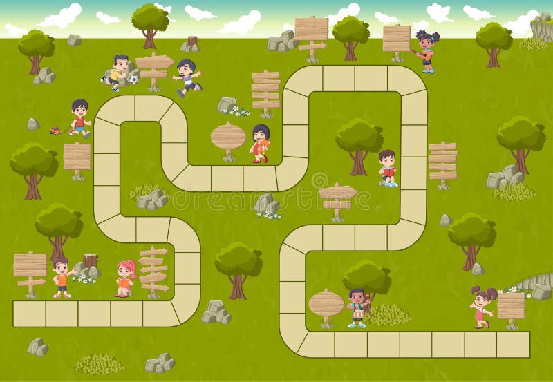 Board game with a block path on a green park with happy cartoon children and wooden sign boards. Board game with a block path on a green park with happy cartoon children and wooden sign boards