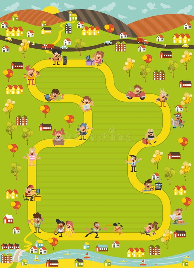 Brettspiel mit einem Blockweg in der Stadt mit Karikaturleuten lizenzfreie abbildung Brettspiel mit einem Blockweg in der Stadt mit Karikaturleuten lizenzfreie abbildung