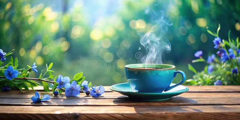 Breve aromatica mattutina tra fiori blu fioriti su un tavolo di legno in un giardino soleggiato. Generative AI royalty illustrazione gratis