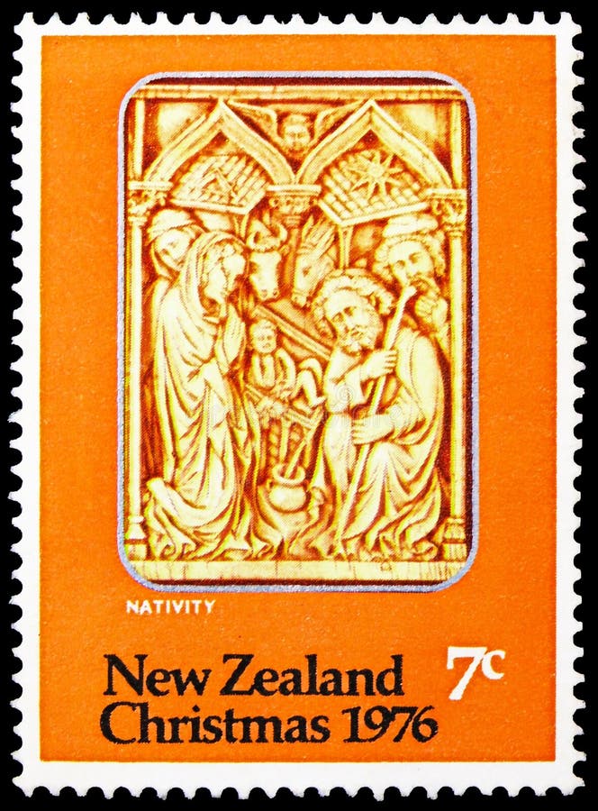 Brevstämpel tryckt i nya zealand visar nativitetshjärvande jultomasserie 7 c ny zealand circa 1976