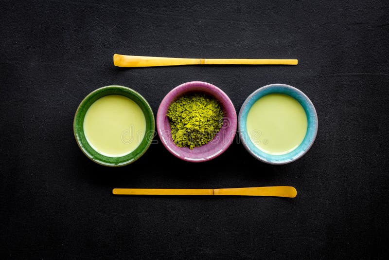Brew Matcha Green Tea. Matcha Powder, Ready Matcha Tea, Sticks on Black