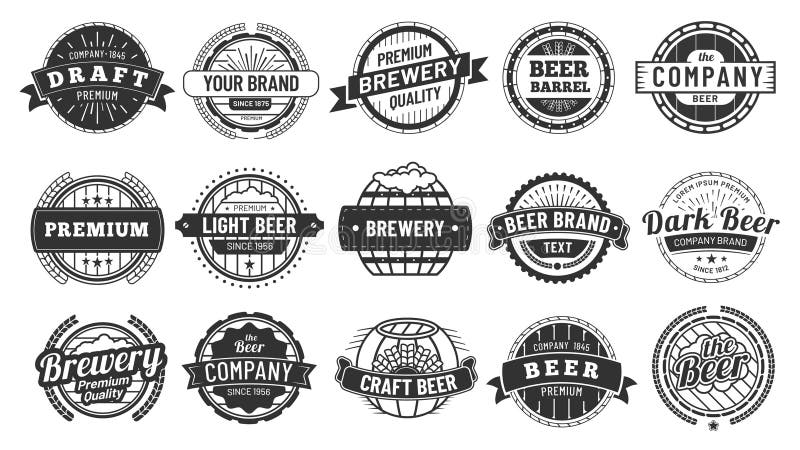 Brewery badge. Draft beer barrel emblem, retro circle badges and quality emblems vintage hipster logo stamps vector set royalty free illustration