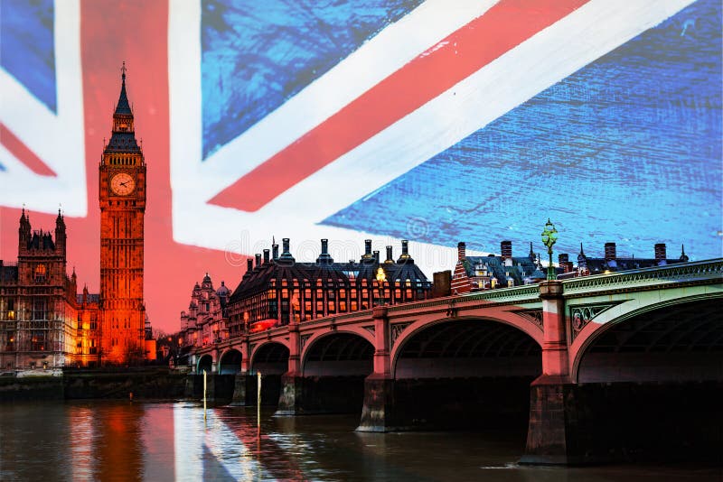 Brexit concept - double exposure of UK landmarks and flag