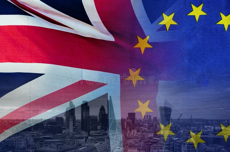 BREXIT conceptual image of London image and UK and EU flags overlaid symbolising agreement and deal being processed royalty free stock photos BREXIT conceptual image of London image and UK and EU flags overlaid symbolising agreement and deal being processed royalty free stock photos