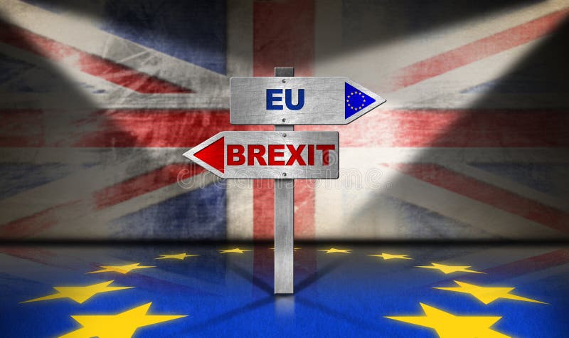 Brexit-konceptet - Vägmärken och brittisk och europeisk flagga royaltyfri illustrationer Brexit-konceptet - Vägmärken och brittisk och europeisk flagga royaltyfri illustrationer