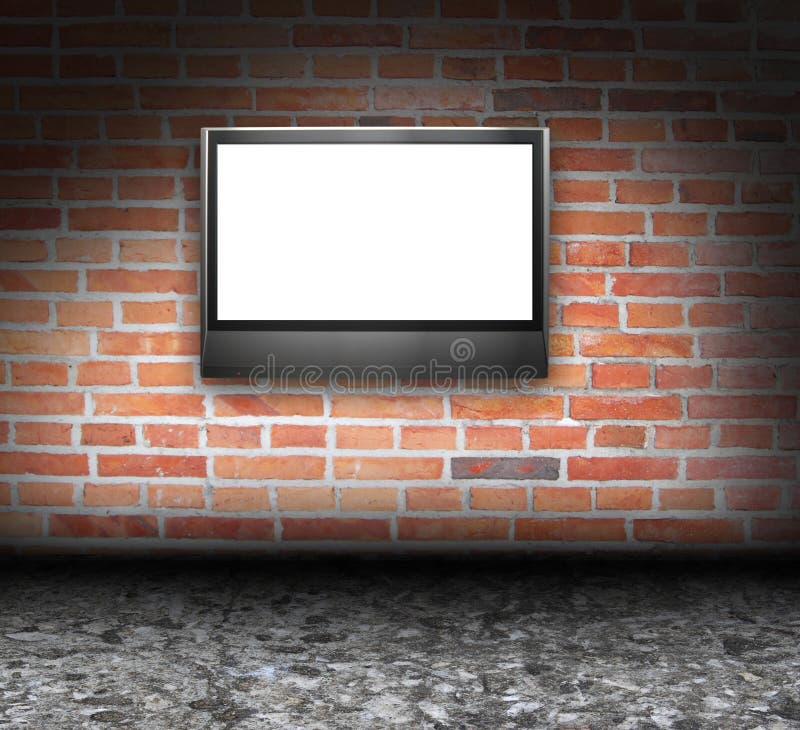 Brick grunge interior with LCD tv. Tv wall pattern illustrations
