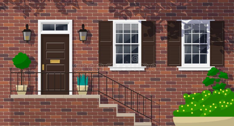 Brick house facade exterior front door, stairs, porch, windows, potted plants  architectural