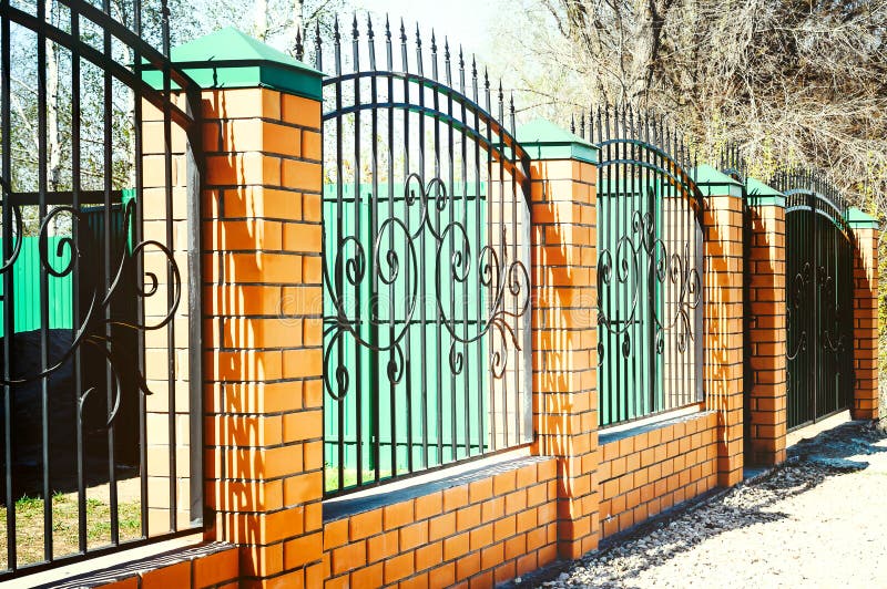 Brick and Metal Red Fence with Door and Gate of Modern Style Design Metal  Fence Ideas Stock Image - Image of architecture, column: 136860197