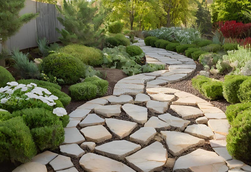 Brick pathway in garden walkway. royalty free illustration.