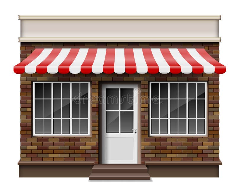 Brick small 3d store or boutique front facade. Exterior boutique shop with window. Mockup of realistic street shop