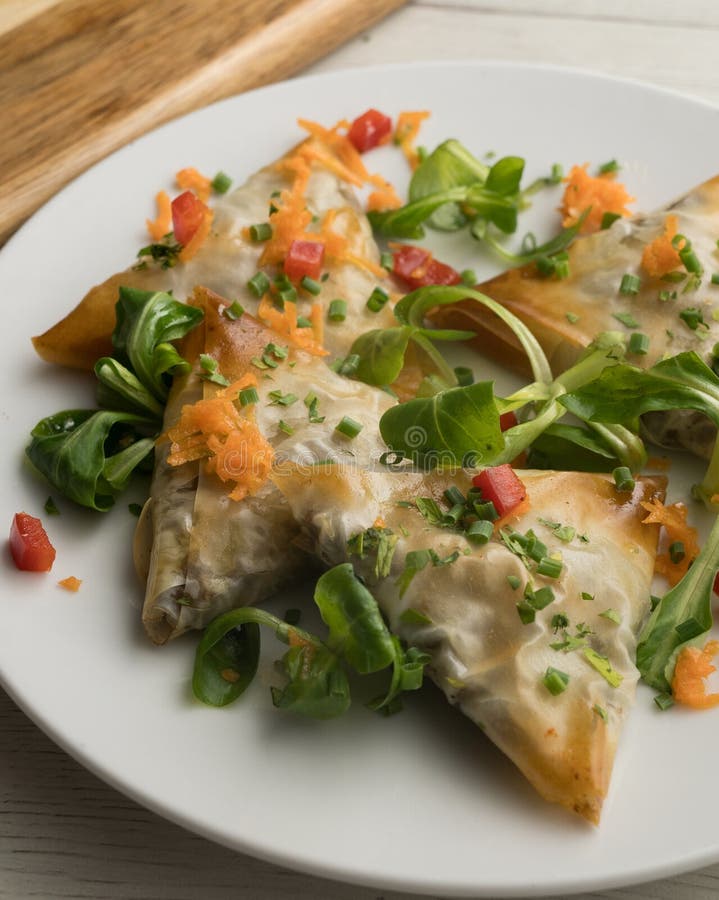 Brick triangles filled with meat and eggplant. royalty free stock images