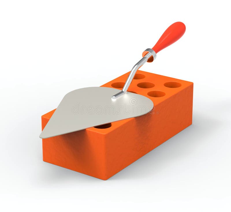 Brick and Trowel on a White Background. Mason`s Trowel. Stack of Red