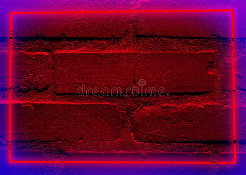Brick wall illuminated night cement design neon material disco wallpaper close surface abstract texture backdrop stock images.