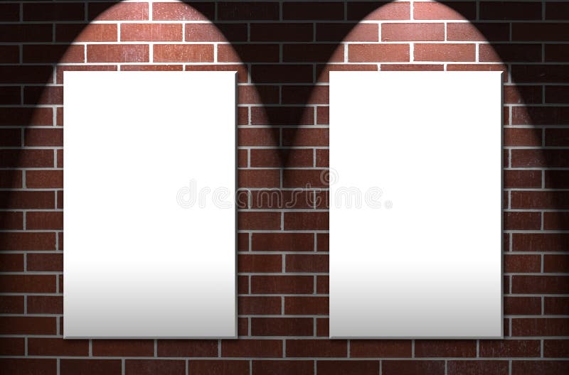 Red brick wall with two empty text areas for playbill, menu, or announcements. Red brick wall with two empty text areas for playbill, menu, or announcements.