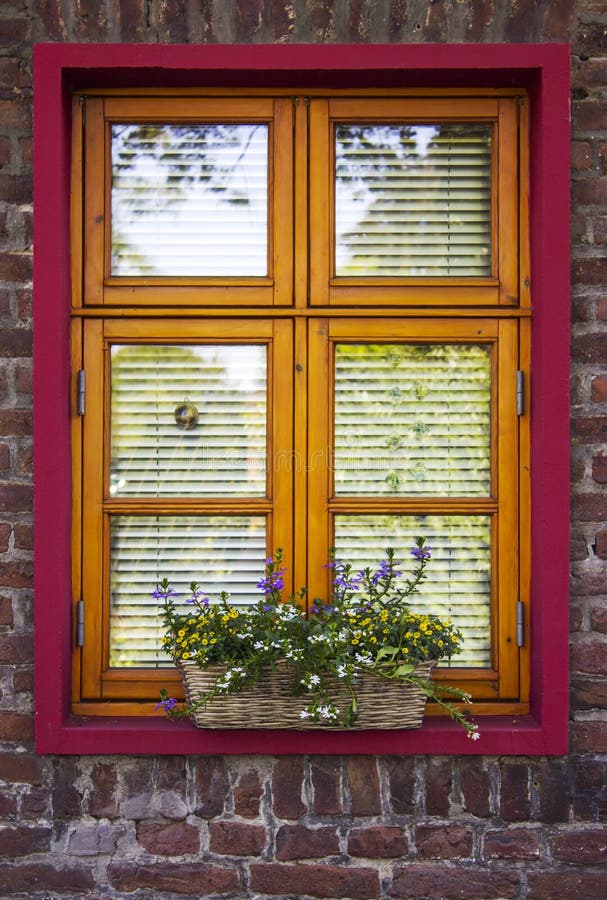 Brick Wall with Windows and Flower Boxes with Flowering Plants Stock