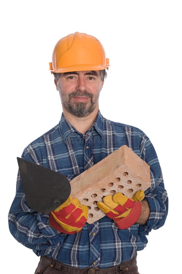 Smiling bricklayer with trowel and brick.