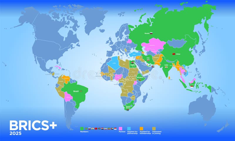 BRICS PLUS countries map 2025 with new and potential members, vector illustration royalty free illustration