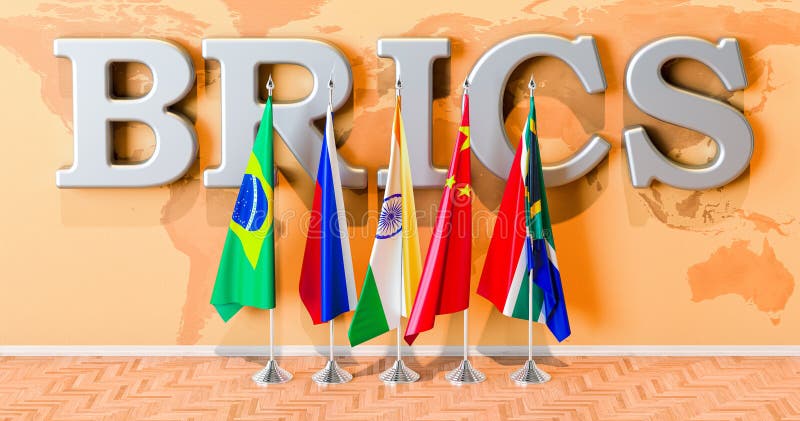 BRICS summit, flags of all members BRICS in room. 3D rendering vector illustration