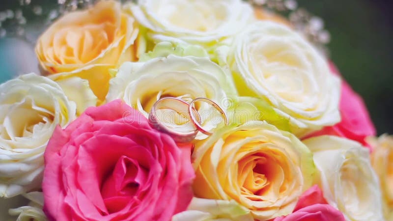 Bridal bouquet of roses with wedding rings stock video footage