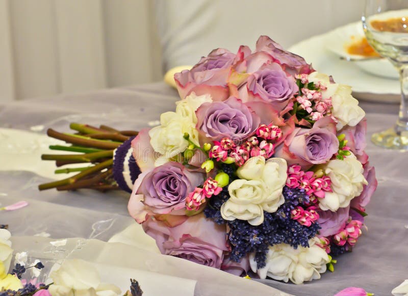 Bridal flowers on the table in the restaurant