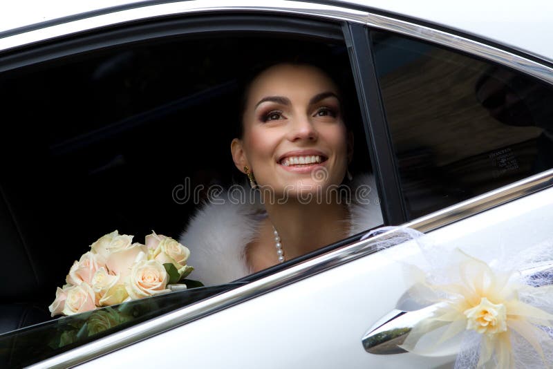 Bride in a car stock photo. Image of dress, happiness - 22838744