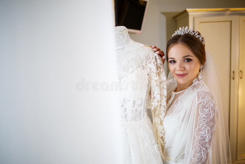 Beautiful Bride Dresses Her White Wedding Dress Stock Photo Image of