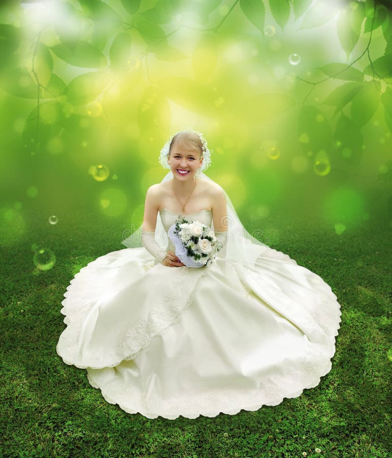 Bride on green grass collage