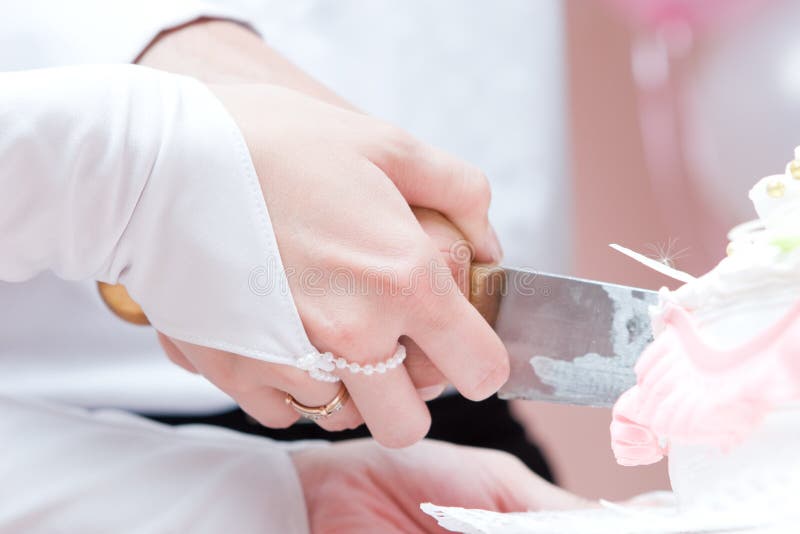 Bride and groom cut a wedding cake