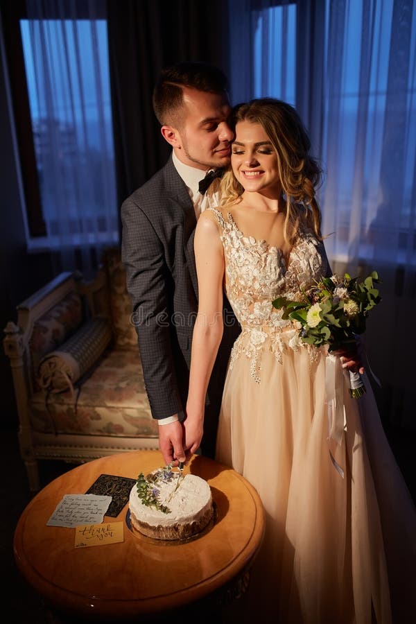 Bride and Groom Cut a Wedding Cake Stock Photo Image of intent, bride