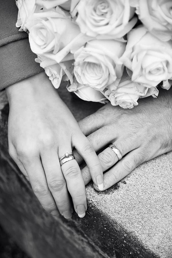 Bride and Groom Hands with Rings and Flowers B/w Stock Image Image of