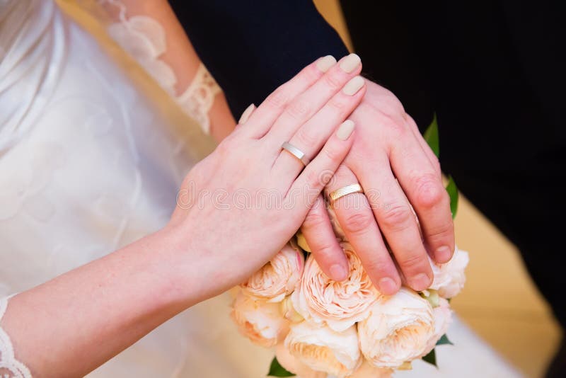 Bride And Groom Hands With Wedding Rings Stock Image Image Of Gold Marriage