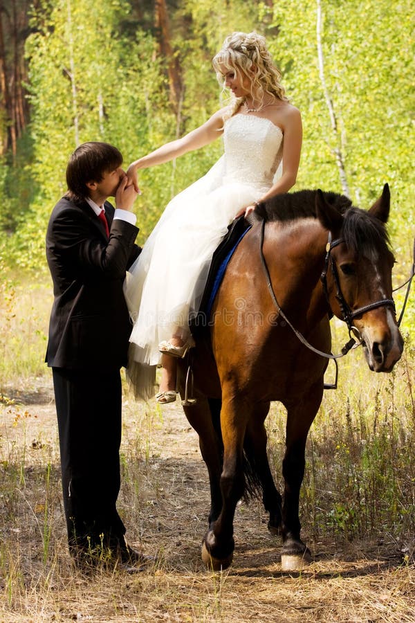 Bride and Groom with Horses Stock Image Image of engagement, playful