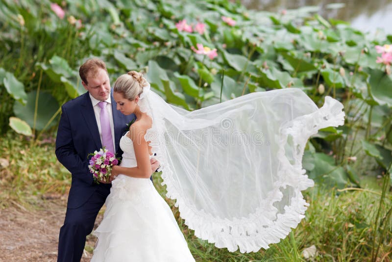 Bride and groom near lotos pond stock photos Bride and groom near lotos pond stock photos