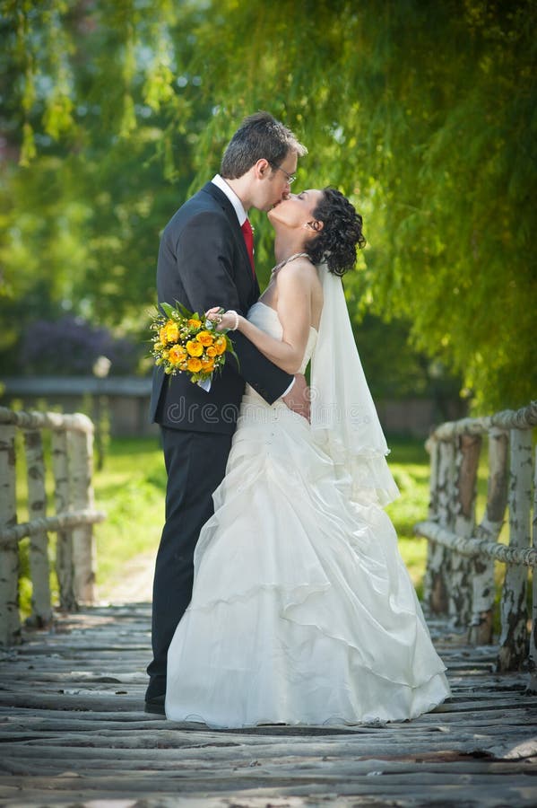 Bride and groom in a park kissing royalty free stock image