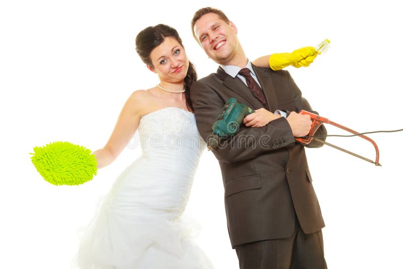 Bride and groom sharing household duties