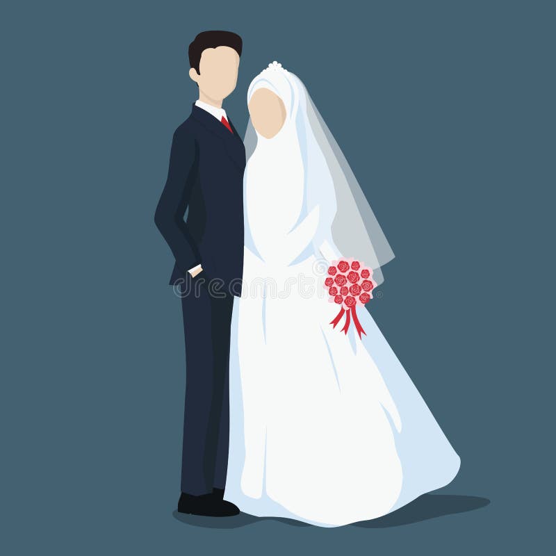 Bride and Groom, wedding cartoon character with hijab.