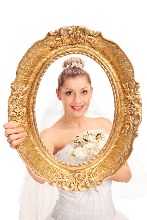 Bride Posing Behind A Vintage Picture Frame Stock Image Image of