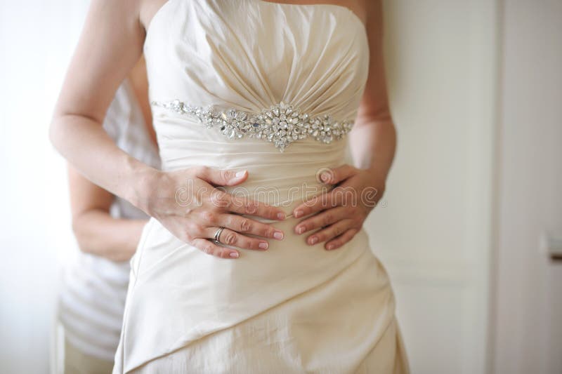 Bride S Hands while Putting Wedding Dress Stock Photo Image of