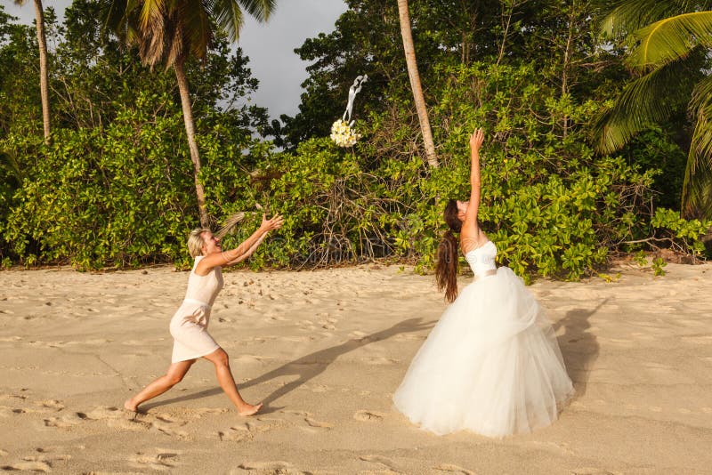 Beach Wedding Throwing Flowers Stock Photo Image of attractive