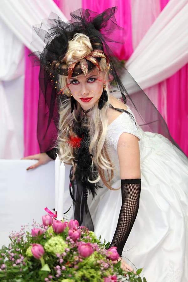 Bride Wearing Black Net Gloves and Unusual Hat Stock Image Image of
