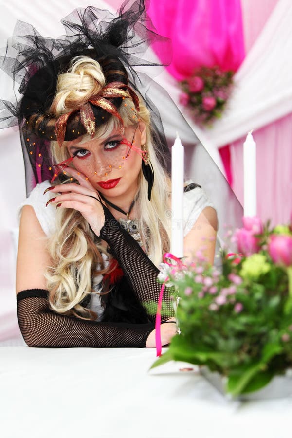 Bride Wearing Black Net Gloves and Unusual Hat Stock Image Image of