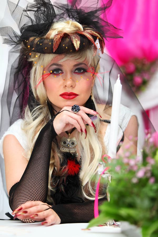 Bride Wearing Black Net Gloves and Unusual Hat Stock Image Image of