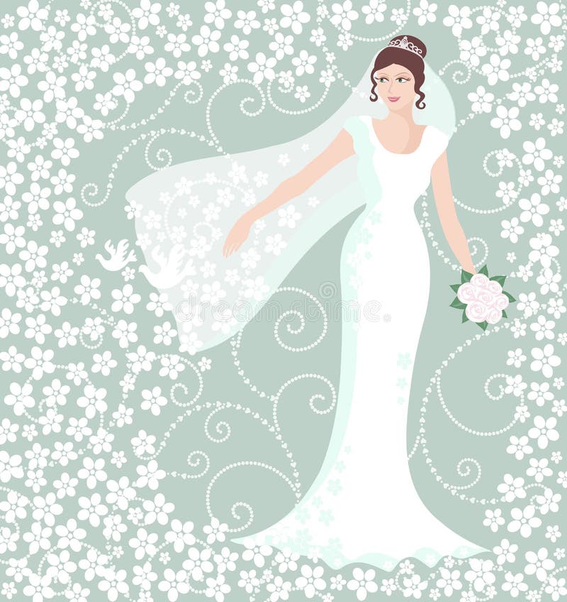 Felice sposa in abito da sposa con decorazione floreale sfondo.