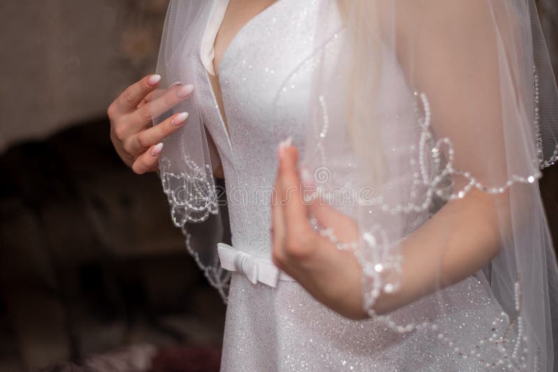 The Bride Wore a White Wedding Dress at Home Stock Photo Image of