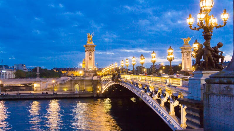 The Bridge Alexandre III at Night, Paris, France. Stock Image - Image ...