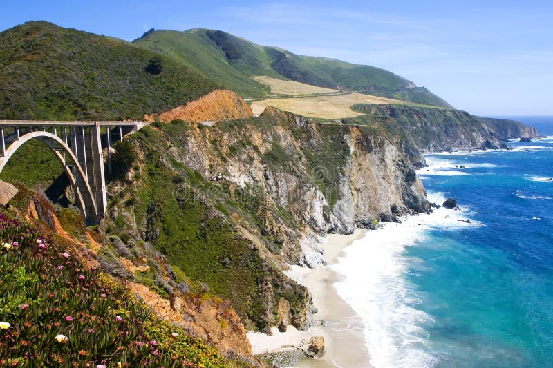 Porzione di Big Sur, la zona lungo la costa della California, con acque turchesi che si infrangono sulla riva e ponte stradale.