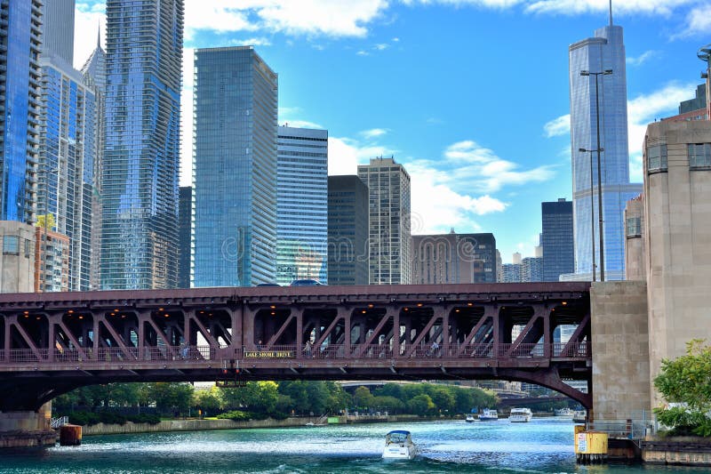 Bridge and city buildings, Chicago river