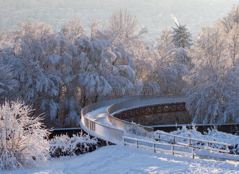 Bridge covered in snow over an highway during winter in Ravensburg