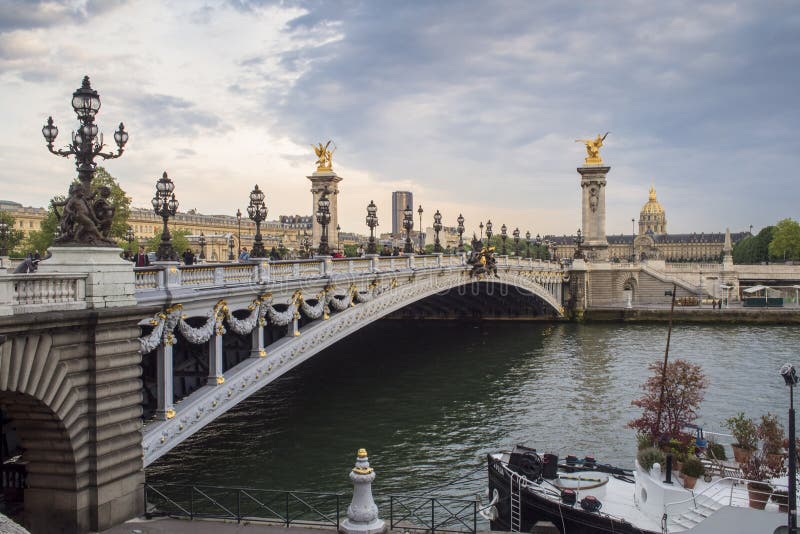 Bridge Crossing Seine in Paris, France. Stock Photo - Image of blue ...