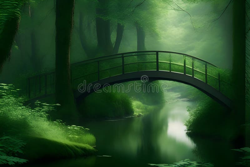 Bridge in the green forest, 3d rendering. Computer digital drawing royalty free stock photo